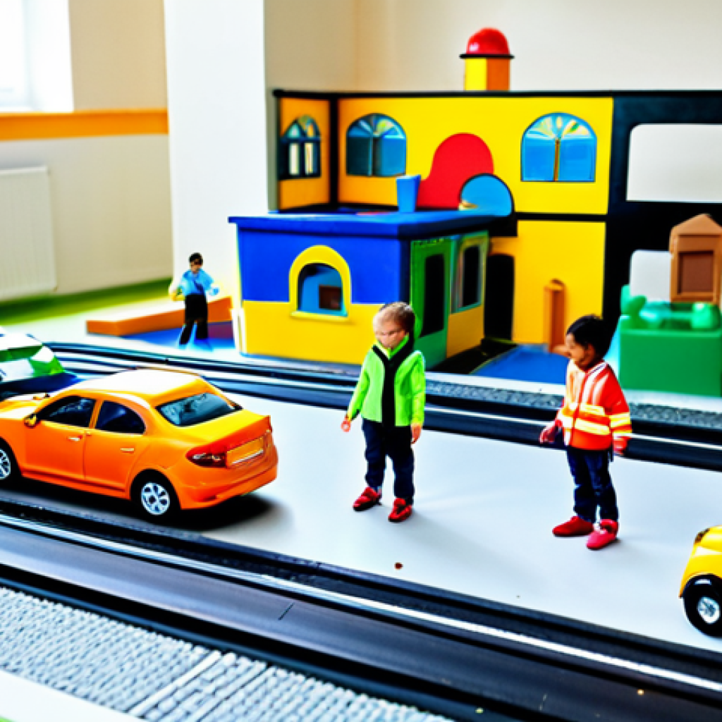 A group of diverse children, aged 5-7, fully clothed in modest, everyday attire, engaged in imaginative play centered around road safety. They are in a brightly lit, clean indoor play area designed like a miniature town with toy roads and small vehicle replicas. The children are showing positive expressions of learning and cooperation, demonstrating concepts like crossing the street safely and helping toy figures. The scene is professional studio photography, vibrant colors, clear focus on faces and actions. safe for work, appropriate content, family-friendly, perfect anatomy, correct proportions, well-formed hands, proper finger count, natural body proportions, natural pose.