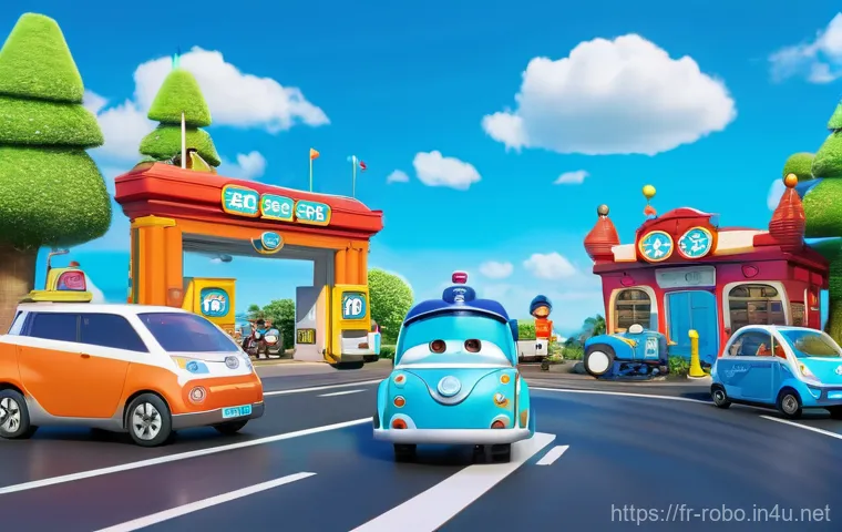 로보카폴리 차고지 설정 - Here are three detailed image prompts for generation, strictly adhering to your guidelines: