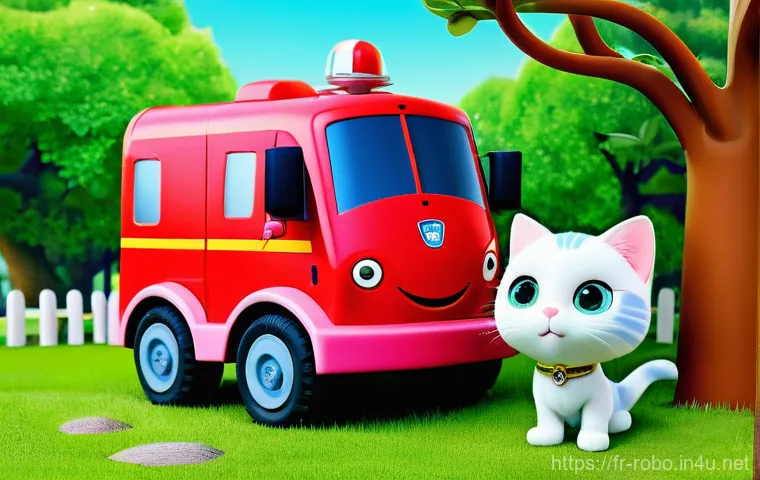 로보카폴리의 영향력 - **Prompt:** A vibrant, cheerful scene in Brooms Town on a sunny day. Poli, the blue police car robot...