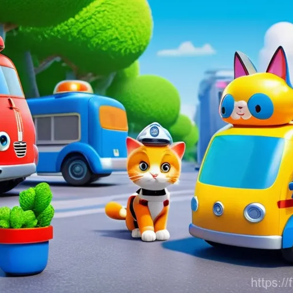 로보카폴리의 애니메이션 스타일 - A vibrant 3D animated scene in the style of Robocar Poli. The rescue team, including Poli the police...