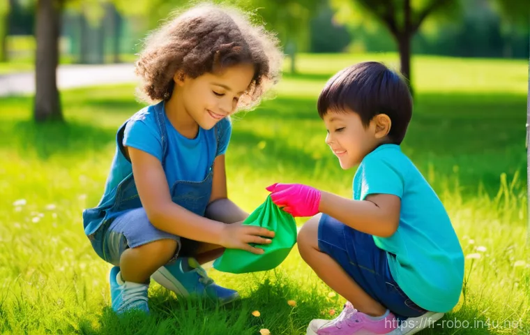 로보카폴리와 환경 보호 - **Prompt 1: "Eco-Conscious Cartoon Watchers"**
    A bright, cheerful illustration of two children, ...