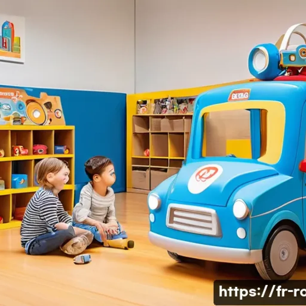 로보카폴리 만들기 활동 - **A group of diverse children** are gathered around a large cardboard box that has been transformed ...