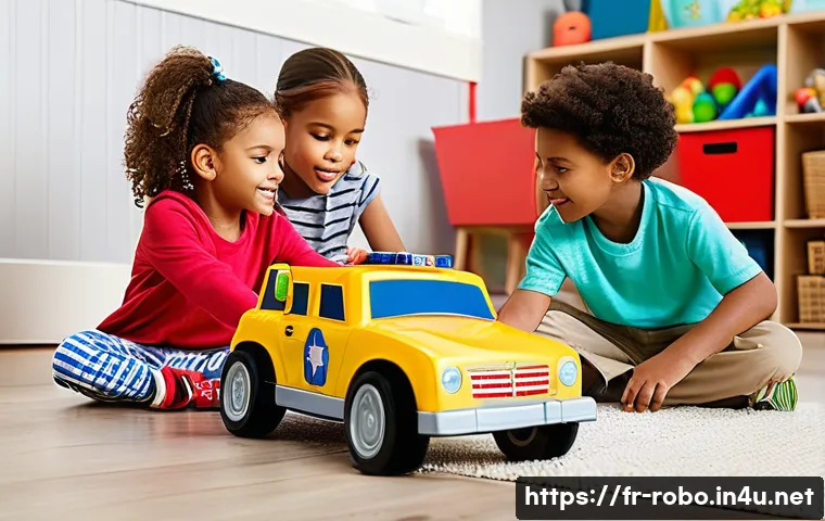 로보카폴리와 키즈 콘텐츠 마케팅 - **A group of diverse children (ages 5-7) engaged in imaginative play in a brightly lit, colorful pla...