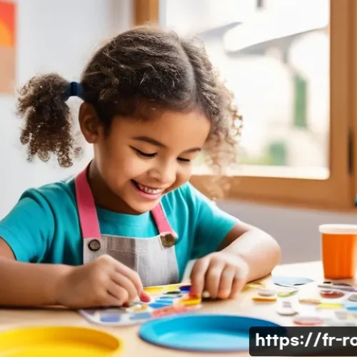 로보카폴리 DIY 장난감 - A bright, cozy playroom scene featuring a young child wearing casual clothes and a colorful apron, s...