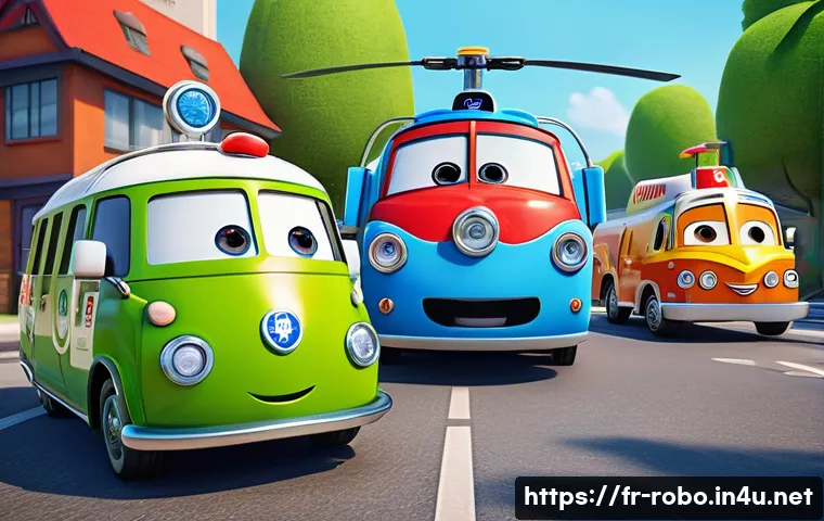 로보카폴리 캐릭터 리뉴얼 - A vibrant, modernized children's animation scene featuring expressive anthropomorphic rescue vehicle...
