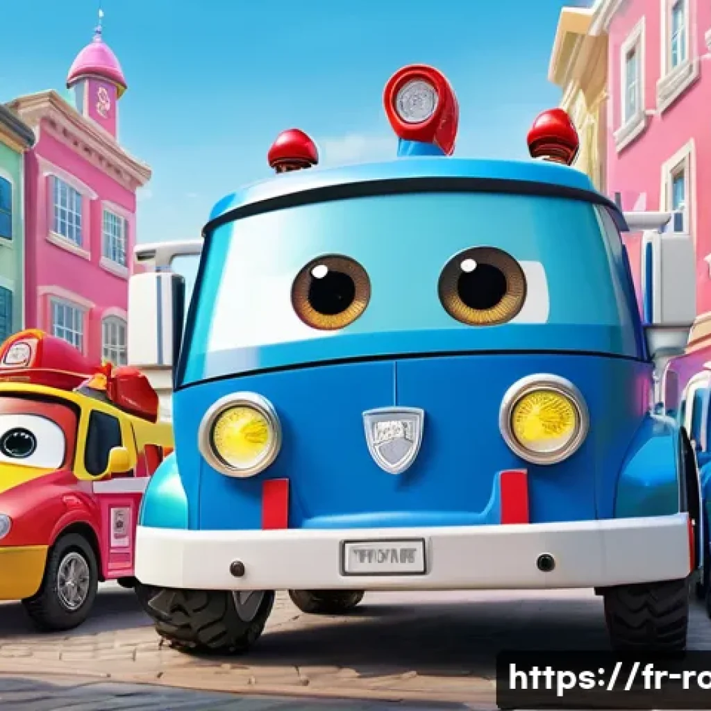 로보카폴리 어린이 반응 - A vibrant and colorful scene featuring the main Robocar Poli characters—Poli the blue police car rob...