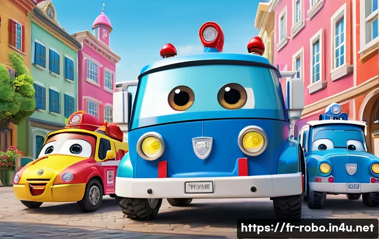 로보카폴리 어린이 반응 - A vibrant and colorful scene featuring the main Robocar Poli characters—Poli the blue police car rob...
