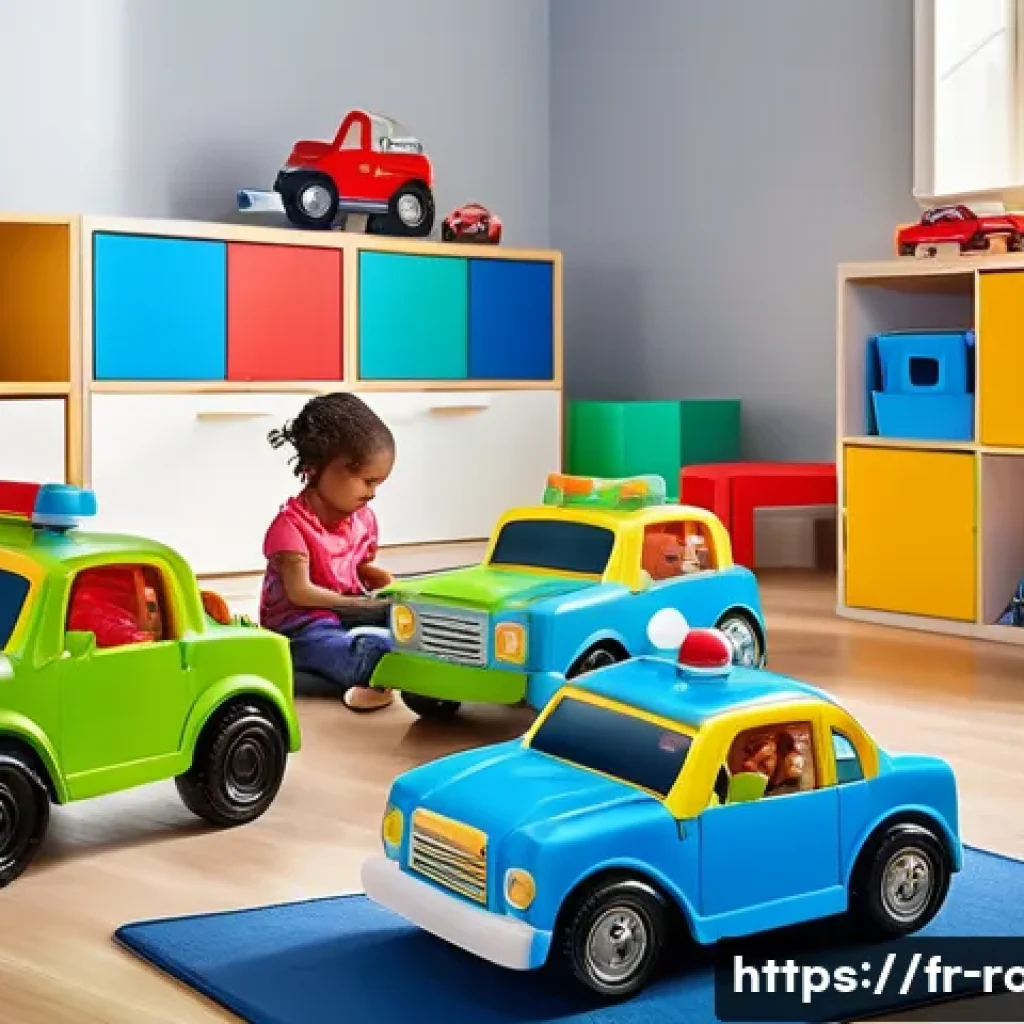 로보카폴리 폴리 장난감 - A vibrant and colorful playroom scene featuring a group of children aged 4 to 6 playing joyfully wit...