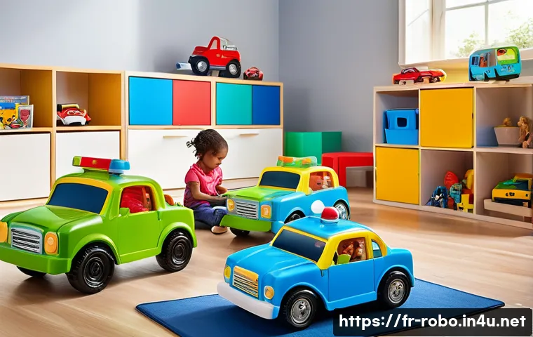 로보카폴리 폴리 장난감 - A vibrant and colorful playroom scene featuring a group of children aged 4 to 6 playing joyfully wit...