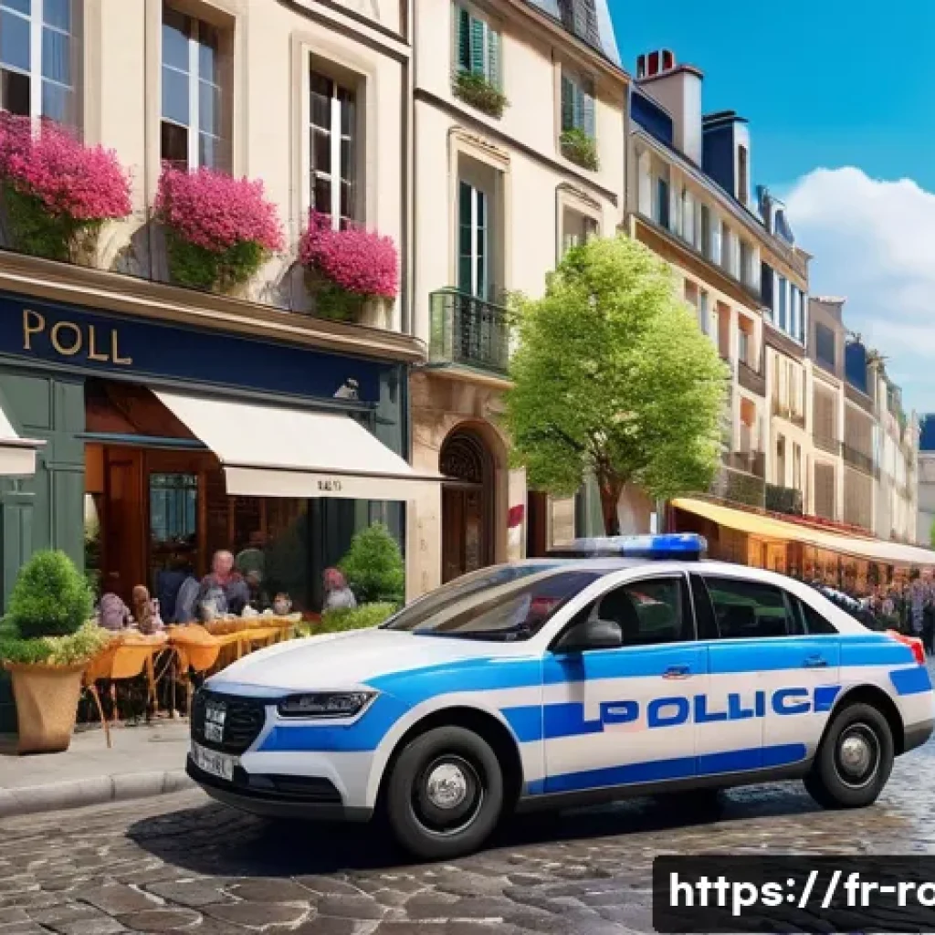 로보카폴리 친구들 캐릭터 분석 - A vibrant and colorful scene depicting Poli, the brave police car, in a lively French town square. P...
