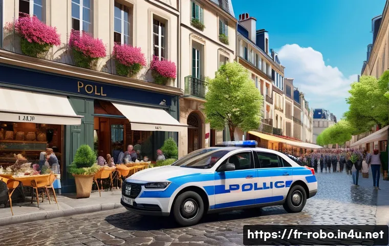 로보카폴리 친구들 캐릭터 분석 - A vibrant and colorful scene depicting Poli, the brave police car, in a lively French town square. P...