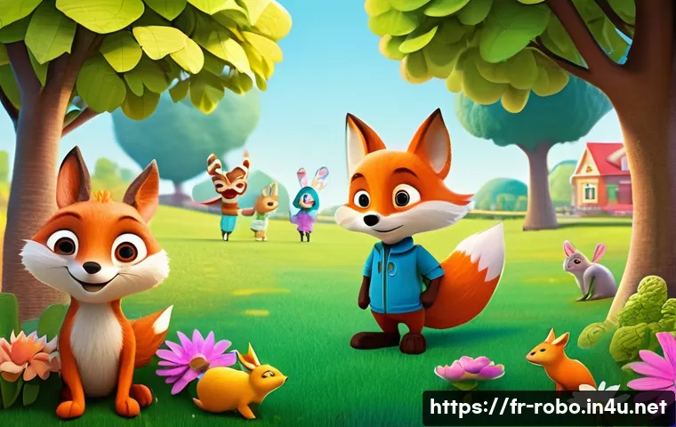 로보카폴리와 한국 애니메이션 - A vibrant and colorful 2D animated scene featuring anthropomorphic animal characters designed for yo...