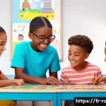 Home 21 로보카폴리와 브이로그 트렌드 - A vibrant and colorful scene of a diverse group of children aged around 6-10 years old, wearing casu...