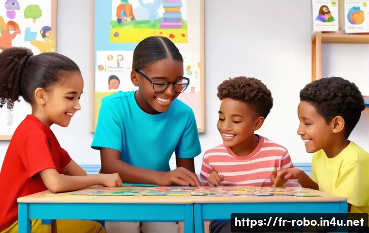 로보카폴리와 브이로그 트렌드 - A vibrant and colorful scene of a diverse group of children aged around 6-10 years old, wearing casu...