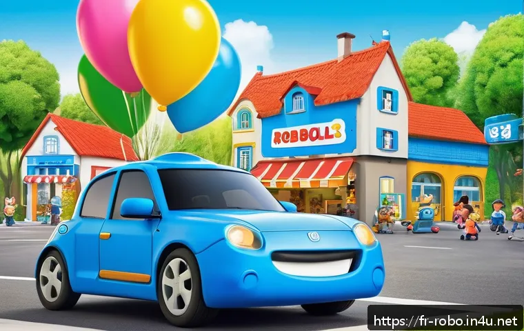 로보카폴리 10주년 행사 - A vibrant and cheerful birthday party scene set in a modern French community center decorated with c...