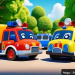 Home 18 로보카폴리와 어린이 행동 분석 - A colorful and lively scene of four animated rescue vehicles—Poli the police car, Amber the ambulanc...
