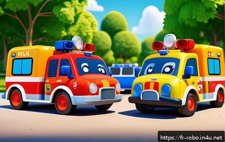 로보카폴리와 어린이 행동 분석 - A colorful and lively scene of four animated rescue vehicles—Poli the police car, Amber the ambulanc...