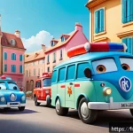 Home 23 로보카폴리의 인기 비결 - A vibrant and colorful scene featuring anthropomorphic rescue vehicles from a children’s animated se...