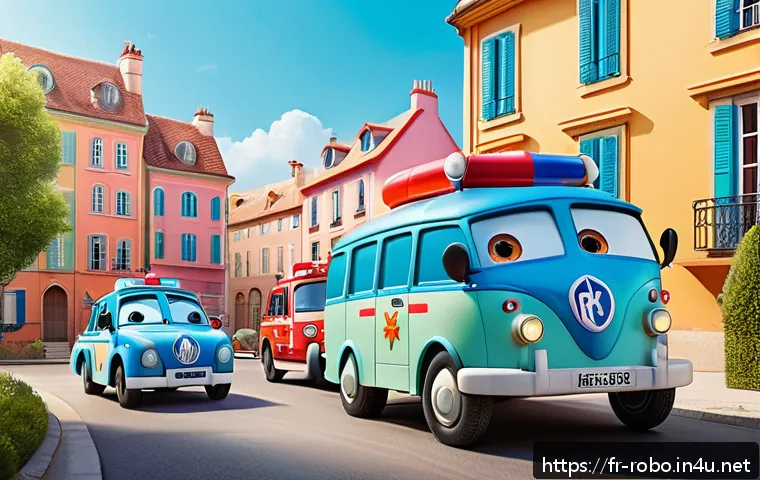 로보카폴리의 인기 비결 - A vibrant and colorful scene featuring anthropomorphic rescue vehicles from a children&rsquo;s animated se...