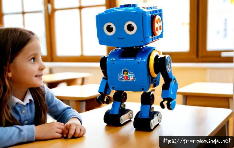 Home 17 로보카폴리와 STEM 교육 - Photorealistic French primary school STEM classroom, a friendly blue robotic rescue car with express...