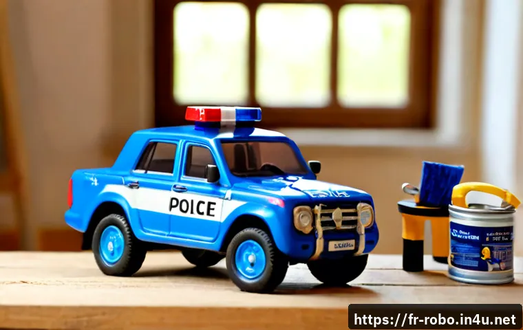 Home 17 로보카폴리 커스텀 캐릭터 - Photorealistic custom-made friendly blue police rescue car toy character, rounded expressive windshi...