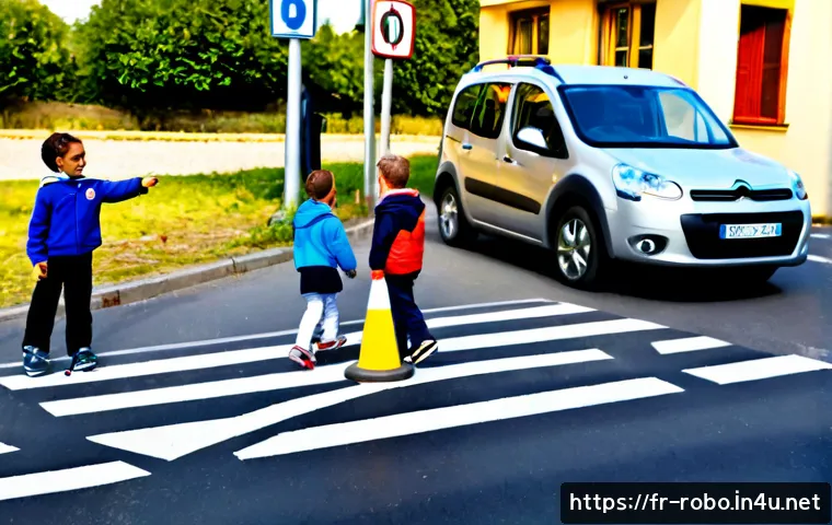 Home 17 로보카폴리의 어린이 안전 교육 효과 - Photorealistic French primary school classroom, a friendly teacher guiding a small group of children...