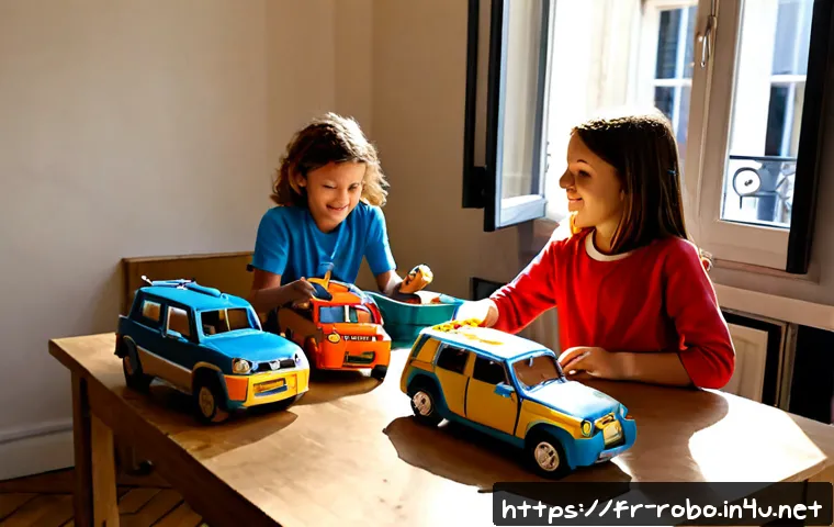 로보카폴리 팬들의 창의적인 작품 - Photorealistic French family workshop, two children and a parent proudly arranging handmade colorful...