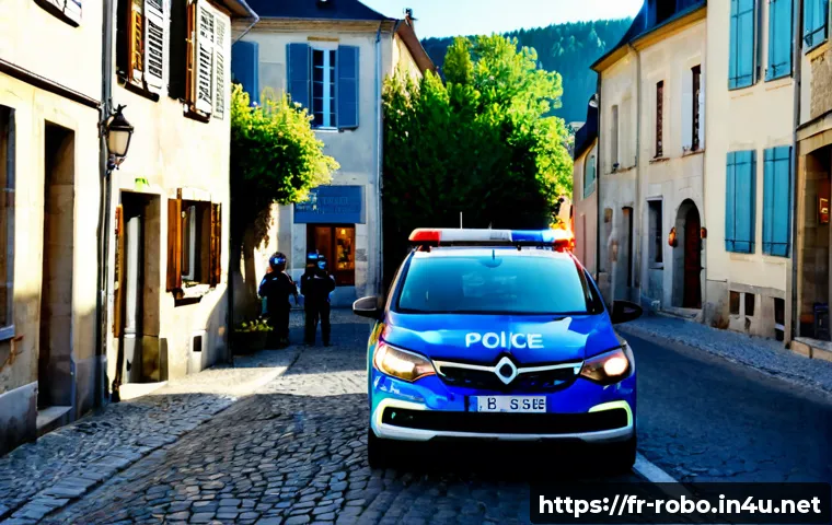 로보카폴리 캐릭터 성향과 특징 - Photorealistic friendly blue police rescue car with expressive windshield eyes, calmly guiding a sma...